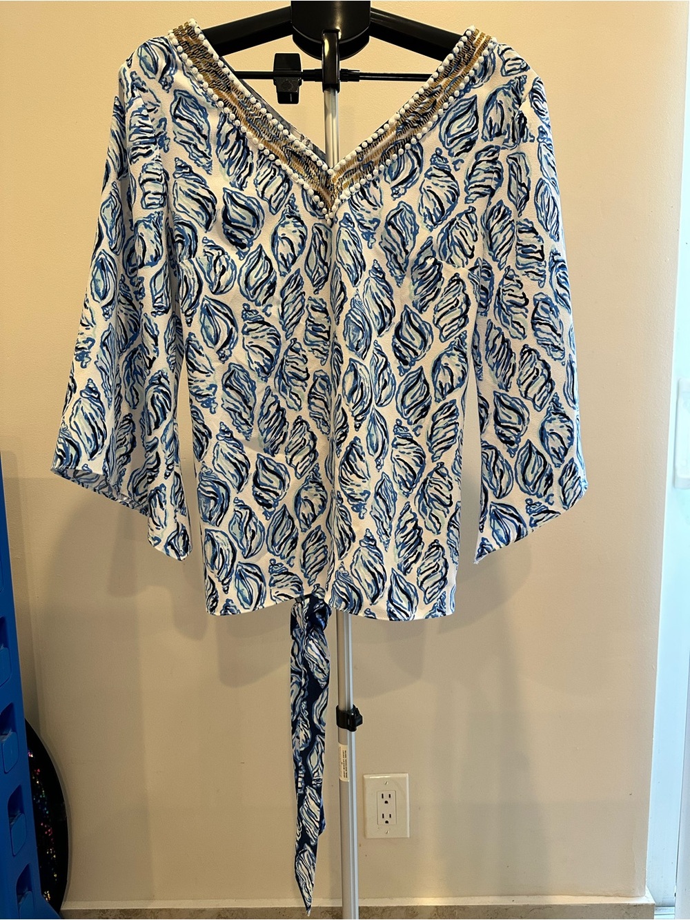 Lilly Pulitzer Blue & White V-Neck Tie-Front Tunic with Beaded Trim